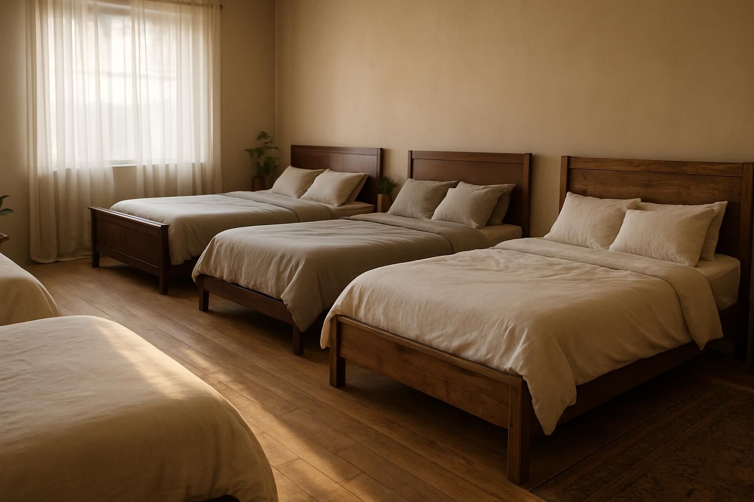 A spacious, serene bedroom with multiple king-sized beds and cozy decor. A spacious, serene bedroom with multiple king-sized beds and cozy decor.