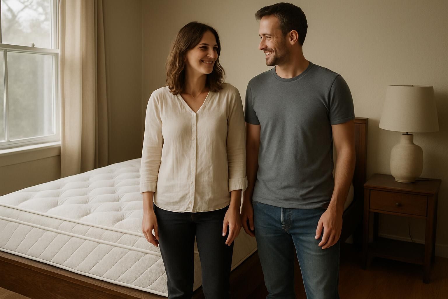 A man and woman stand next to a king-size mattress in a bedroom. A man and woman stand next to a king-size mattress in a bedroom.