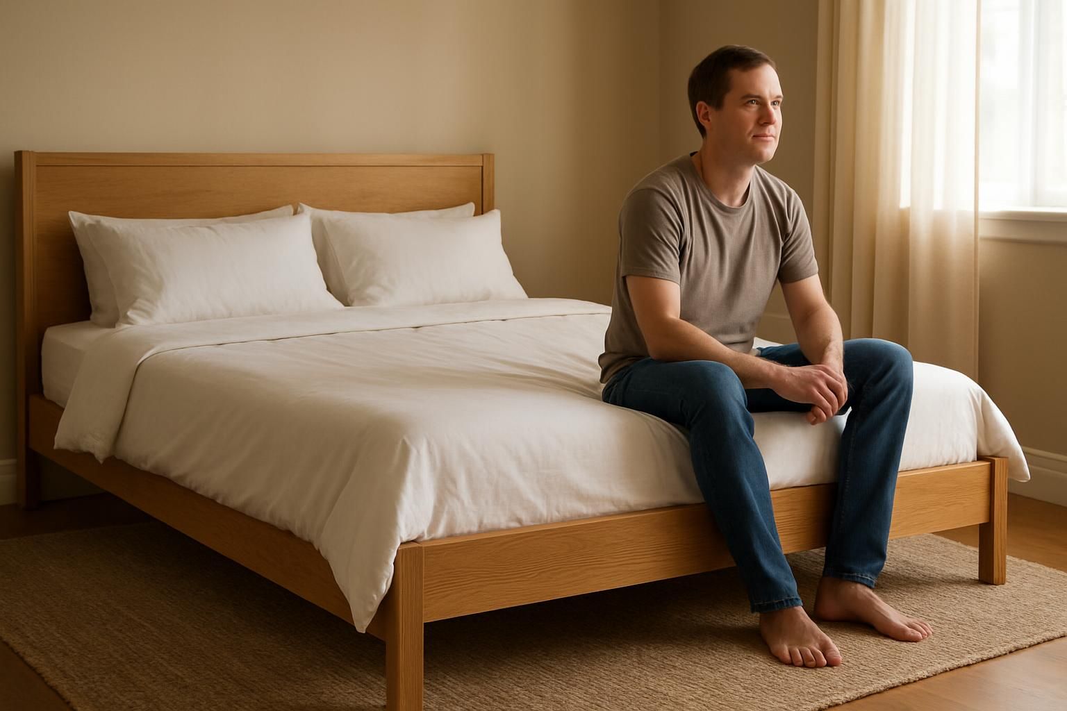 A king-sized bed in a warmly lit bedroom exudes tranquil comfort. A king-sized bed in a warmly lit bedroom exudes tranquil comfort.