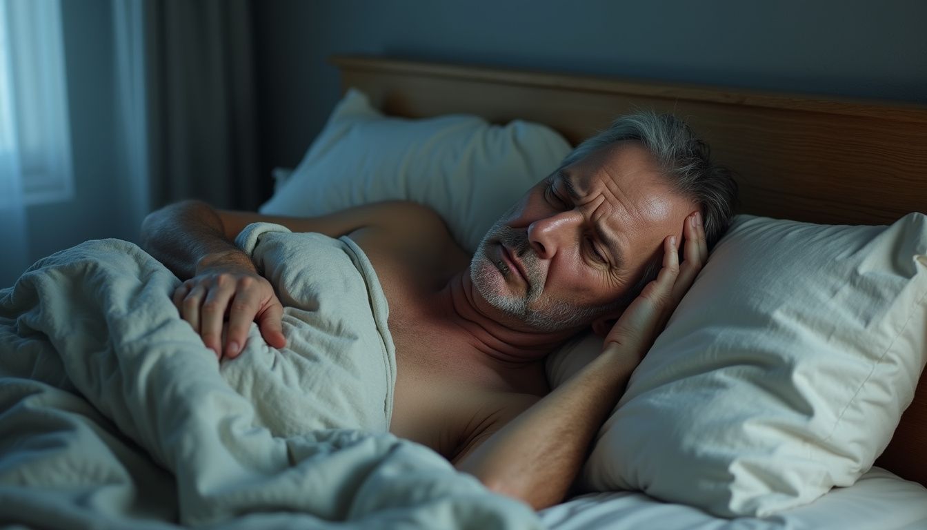 A weary middle-aged individual reflects discomfort while resting in bed.