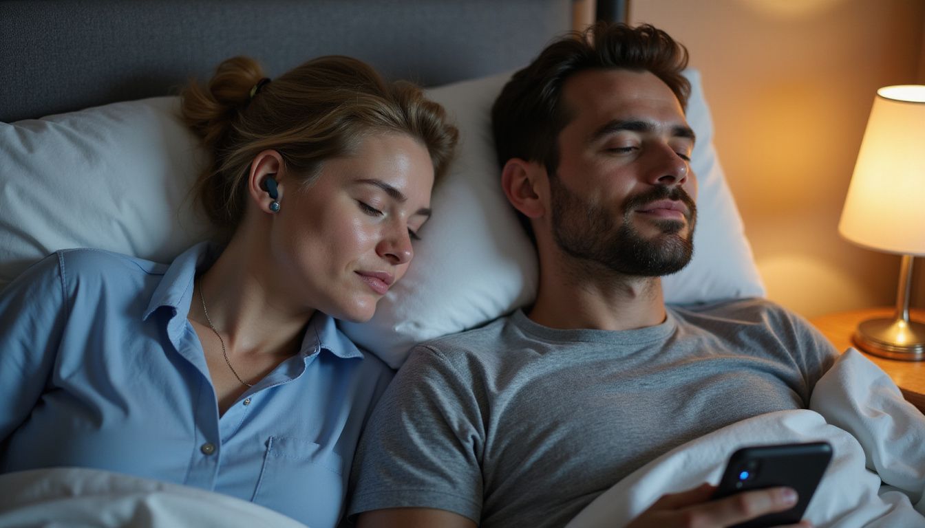 Couple in bed using sleep earbuds and relaxing audio. Couple in bed using sleep earbuds and relaxing audio.