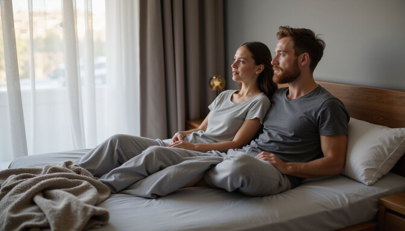 Couple lounging on a modern bed with smart temperature and elevation features. Couple lounging on a modern bed with smart temperature and elevation features.