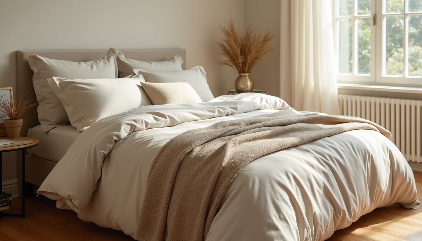 Cozy king bed layered with beige bedding and a textured throw.